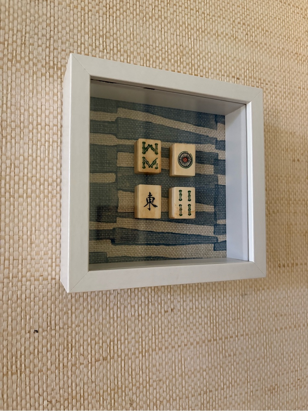 White Framed Blue Pattern Wall Art with Vintage Mahjong Tile Accents. 5x5